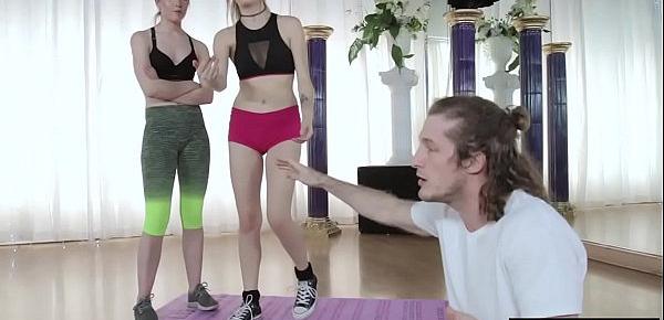  Perv guy fucks two brunette teens after a yoga session